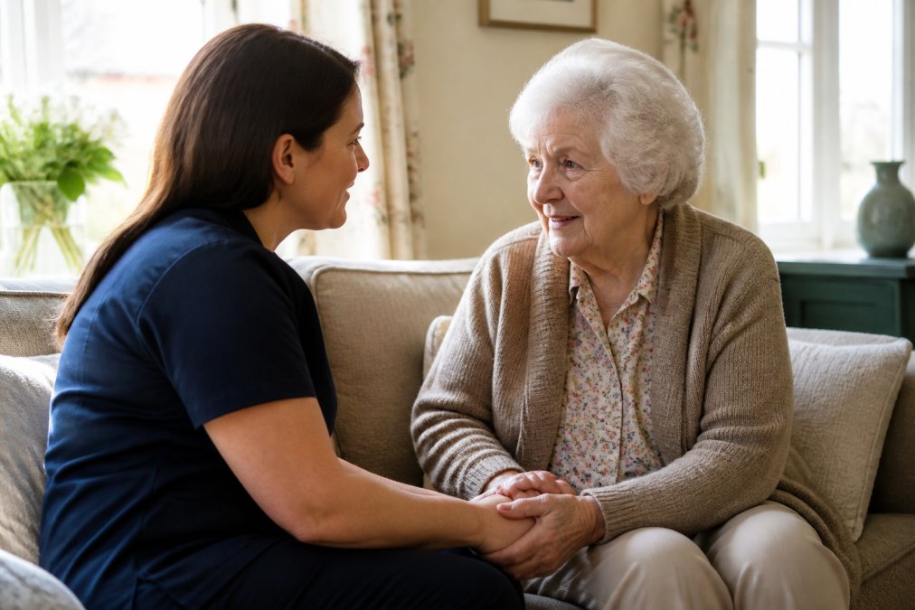 A caregiver seated at eye level with a senior woman in a calm, sunlit living room, speaking softly and gently holding her hand