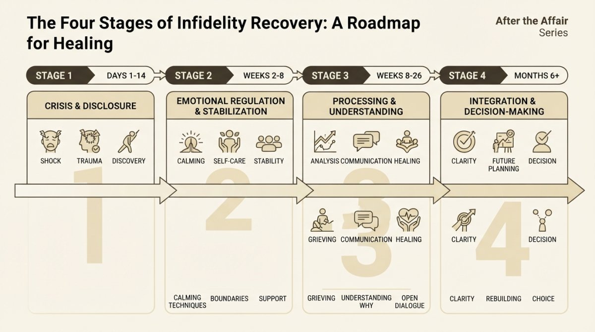 Timeline diagram showing four stages of infidelity recovery: Stage 1 Crisis and Disclosure (Days 1-14), Stage 2 Emotional Regulation and Stabilization (Weeks 2-8), Stage 3 Processing and Understanding (Weeks 8-26), Stage 4 Integration and Decision-Making (Months 6+), with key milestones and emotional states for each phase
