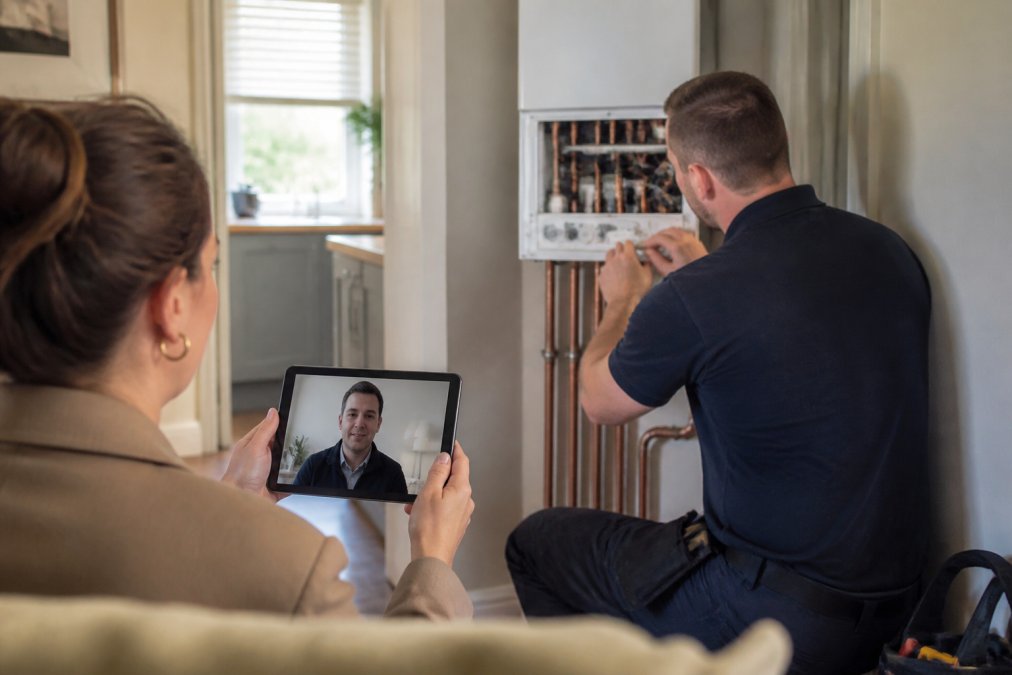 A professional tradesperson in a branded uniform repairing a modern boiler inside a well-kept rental flat, with the property manager visible on a video call on a tablet in the foreground