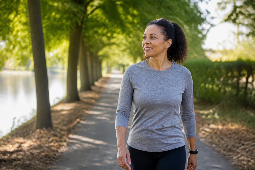 Woman in her forties walking on a tree-lined path to clear brain fog after forty during a morning stroll.