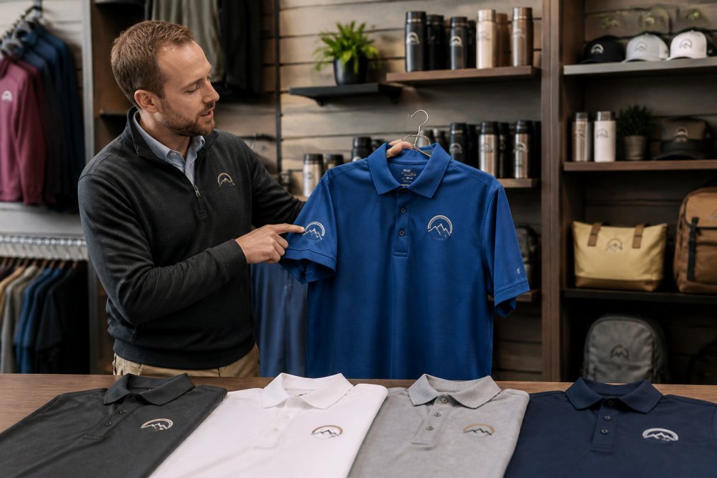 Professional demonstrating managing brand identity across merchandise technique with branded polo shirts showing proper logo placement on chest area and sleeve, multiple shirt colors displaying consistent brand positioning with clear embroidery detail