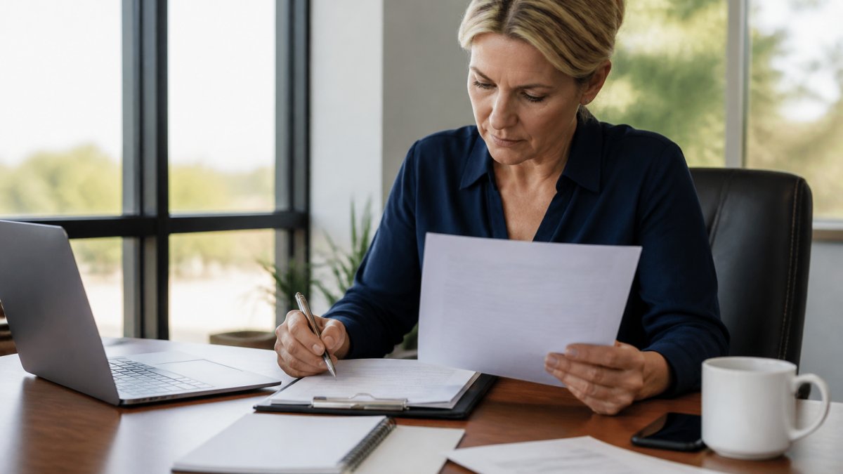 Business owner reviewing insurance documents and a clipboard at a desk with a laptop, notepad, and coffee nearby, showing focused attention to detail