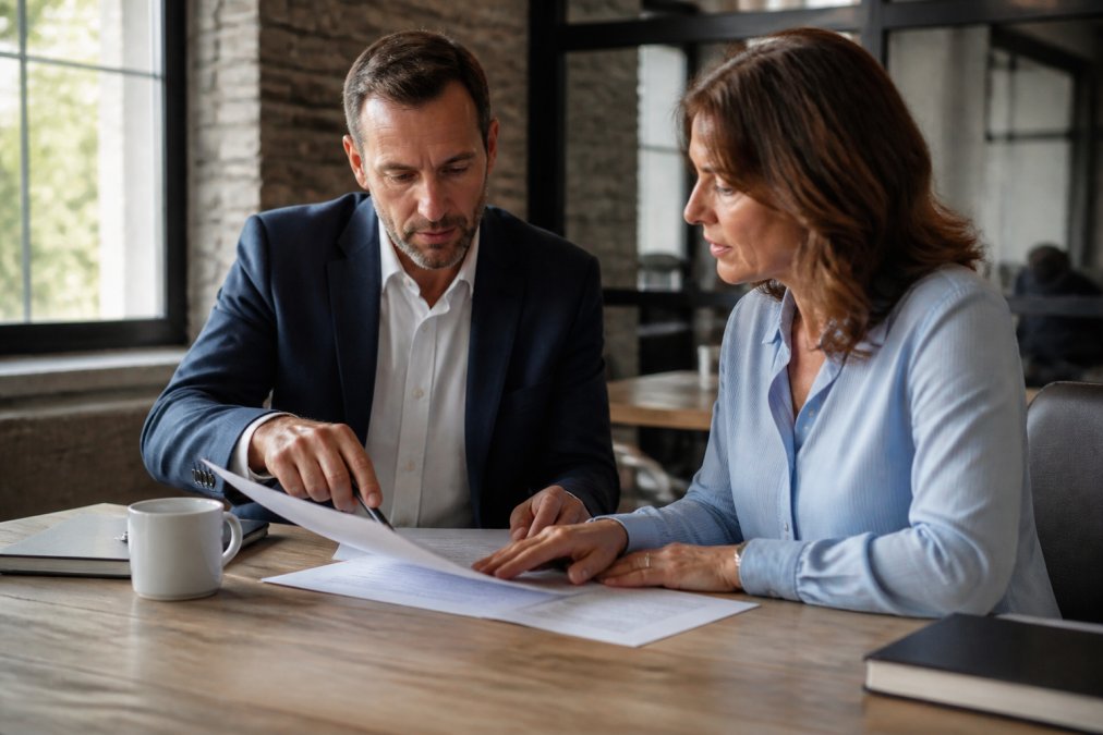 Professional insurance agent and business owner reviewing policy documents together at wooden desk with laptop and coffee cup in modern office setting with natural window lighting