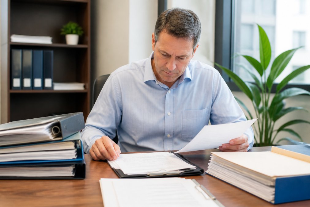 Business owner at desk with organized insurance policy files, renewal documents, and checklist visible, reviewing documents with focused concentration in bright office environment