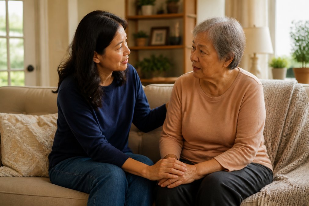 Adult child and aging parent sitting together on a comfortable couch in warm natural light, having a calm conversation with open body language and genuine connection