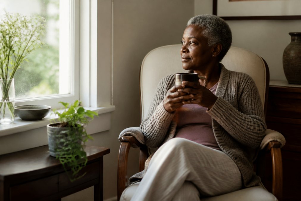 Caregiver sitting peacefully in a quiet corner with warm tea, resting and reflecting in soft afternoon light from a nearby window