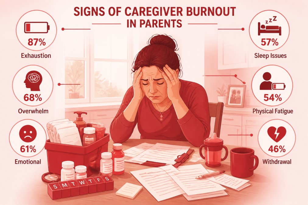 An exhausted middle-aged woman sitting at a kitchen table with her head resting in her hands, surrounded by caregiving supplies, medication bottles, and scattered paperwork, soft morning light coming through a window