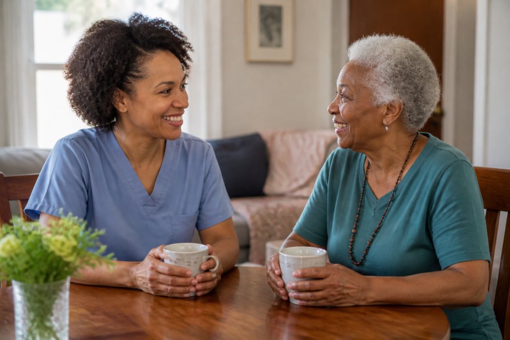 A warm, professional home caregiver sitting with an elderly person at a dining table, both smiling over a cup of tea, in a comfortable home setting with soft natural light and a calm, welcoming atmosphere