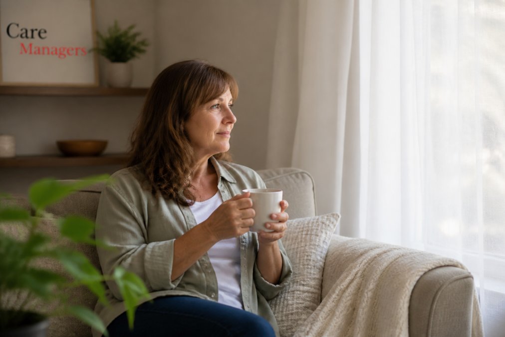 A middle-aged woman sitting in a quiet, sunlit living room, holding a cup of tea and looking out of a window with a calm expression, soft daylight through sheer curtains