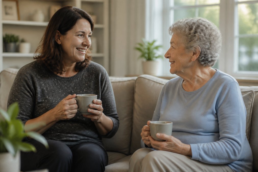 Adult child sitting with aging parent in a comfortable living room, both smiling, having a calm conversation over tea in natural afternoon lighting