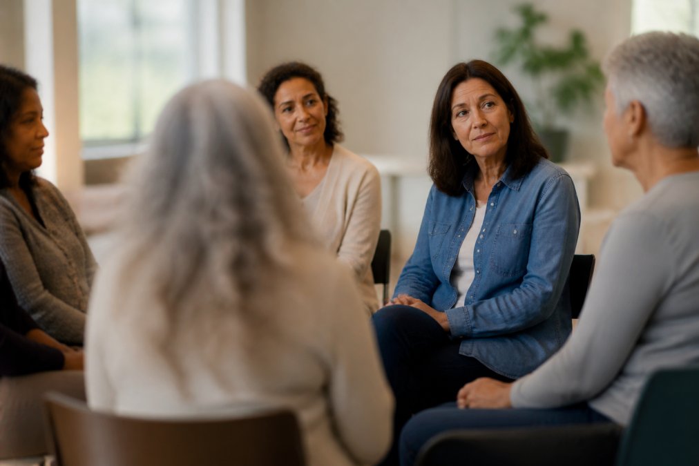 Caregiver at a support group meeting with other caregivers in a circle, listening attentively in a warm, welcoming environment with soft natural lighting