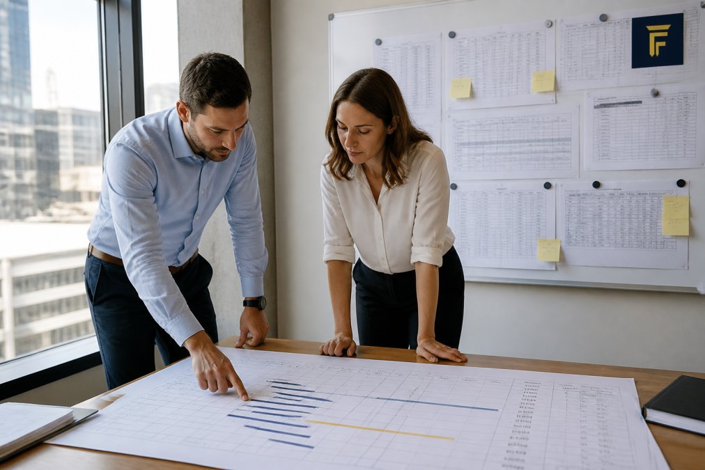 A project manager and financial controller reviewing a large printed project timeline with budget figures pinned to a whiteboard in a modern office, natural daylight from windows