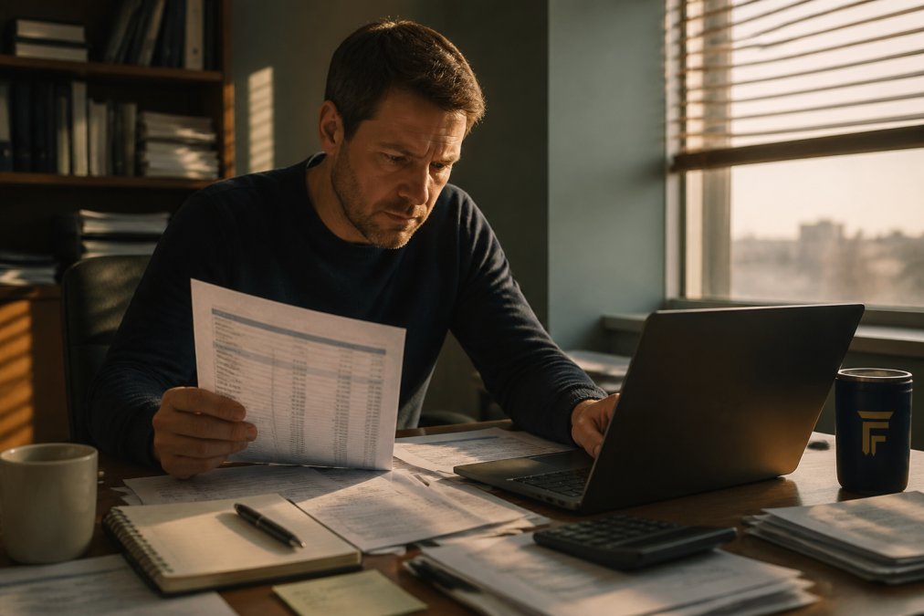 A founder at a cluttered desk comparing a printed cash flow statement against a laptop screen, late afternoon light through office blinds