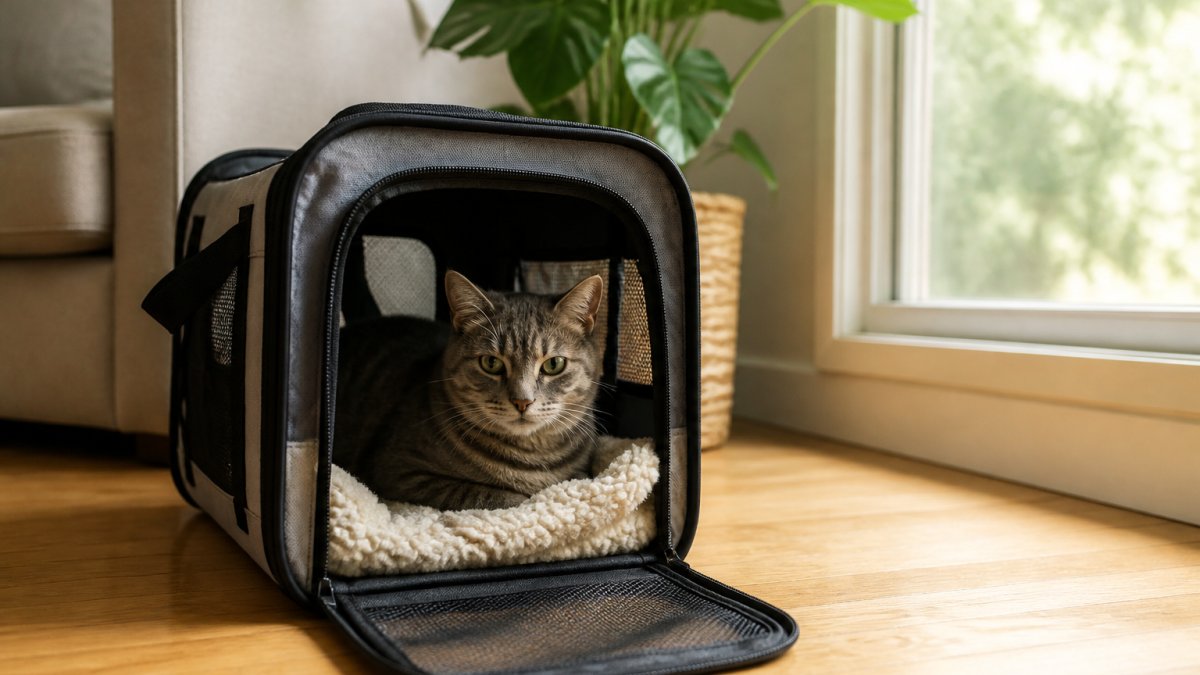 A gray tabby cat resting calmly inside a soft-sided carrier lined with a familiar fleece blanket, placed on a quiet living room floor near a sunlit window