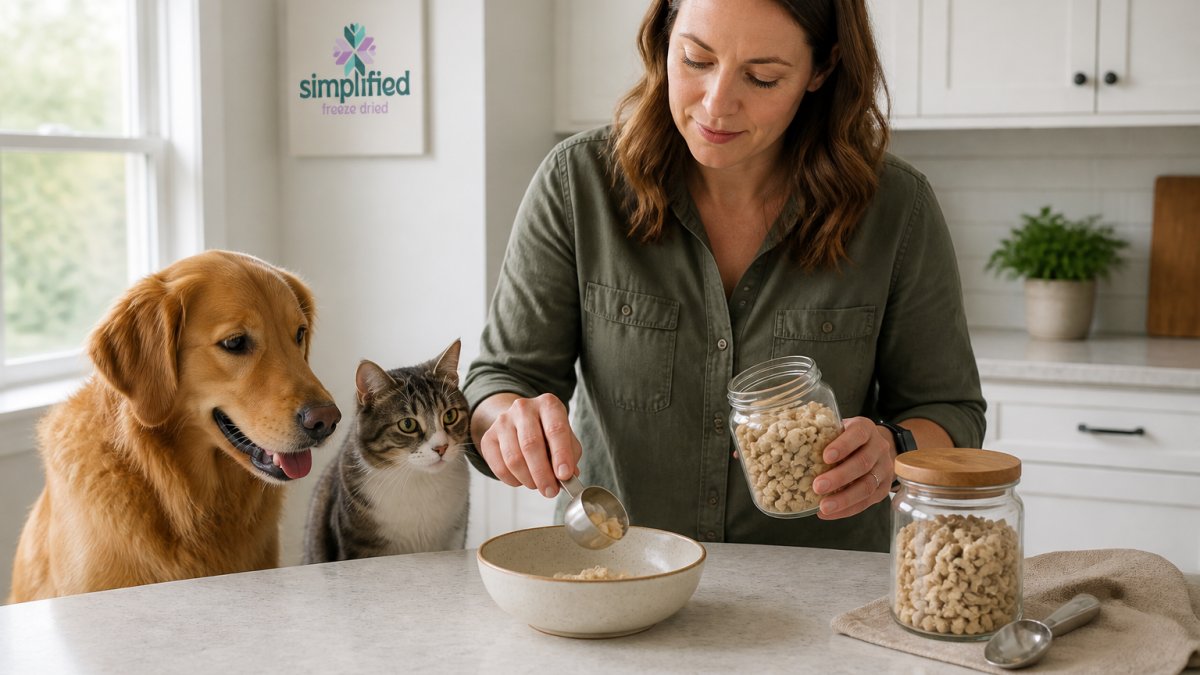 Pet owner measuring small portions of healthy treats into a bowl for a waiting dog and cat in a bright kitchen