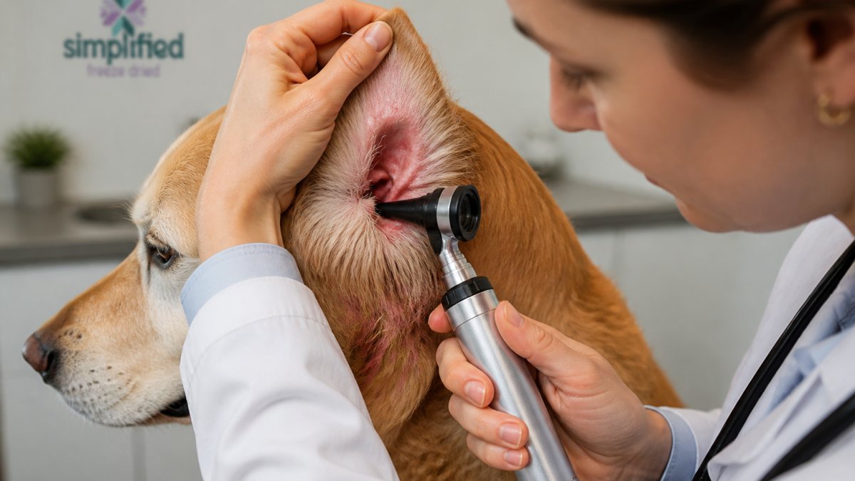 Close-up of a dog's ear showing redness and inflammation, with a veterinarian gently examining the ear canal with an otoscope
