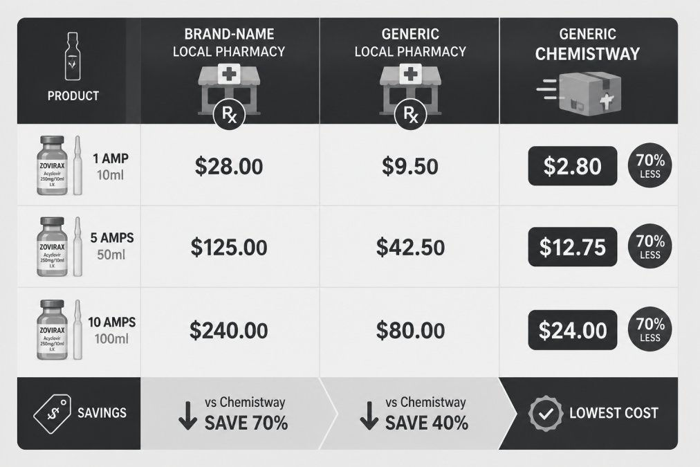 Comparison matrix showing medication costs across three scenarios: brand-name at local pharmacy, generic at local pharmacy, and generic through Chemistway