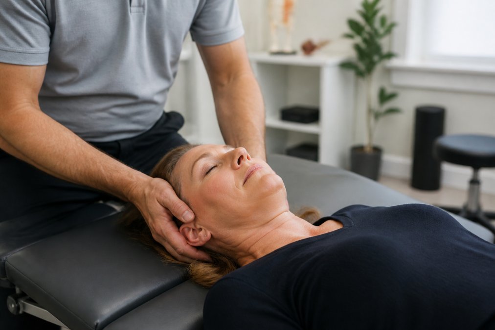 A chiropractor's hands gently positioning the head of a middle-aged female patient who is lying face-up on a treatment table, the room clean and softly lit with modern equipment in the background
