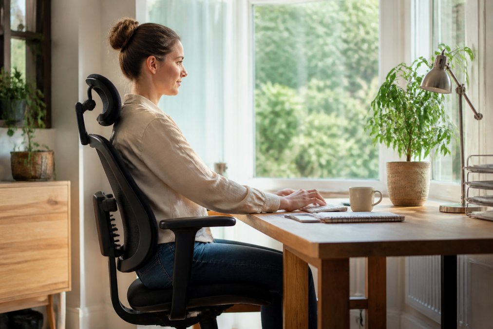 Office worker seated at ergonomic desk with monitor at eye level, proper chair support, shoulders relaxed, natural office lighting through window