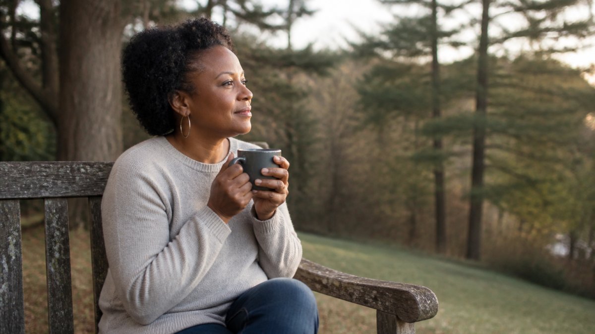 Person sitting outdoors on a weathered wooden bench in soft afternoon light, holding a warm mug with both hands, looking peacefully out toward trees, shoulders relaxed
