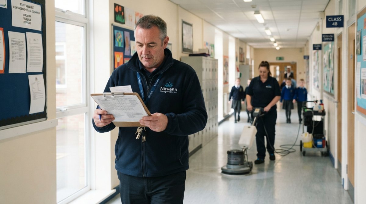 A school site manager reviewing a cleaning schedule on a clipboard while walking through a bright school corridor, a cleaner polishing floors in the background