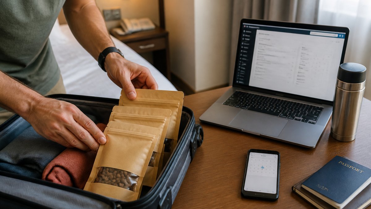 Traveler packing a coffee subscription box with whole bean bags into a suitcase alongside a laptop showing a coffee subscription customer account dashboard, with a phone displaying a calendar reminder on a wooden hotel desk