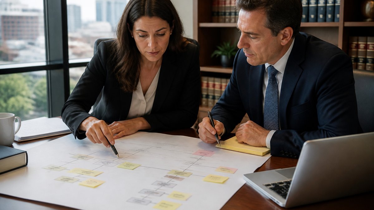 Two corporate attorneys at a desk reviewing a large printed ownership hierarchy diagram, with a laptop open beside it and sticky notes marking entity names