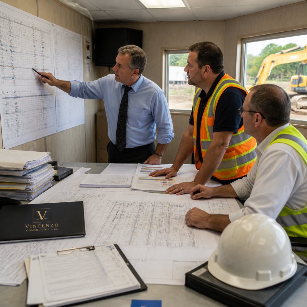 Project director and stakeholders reviewing construction schedules to mitigate infrastructure project risks