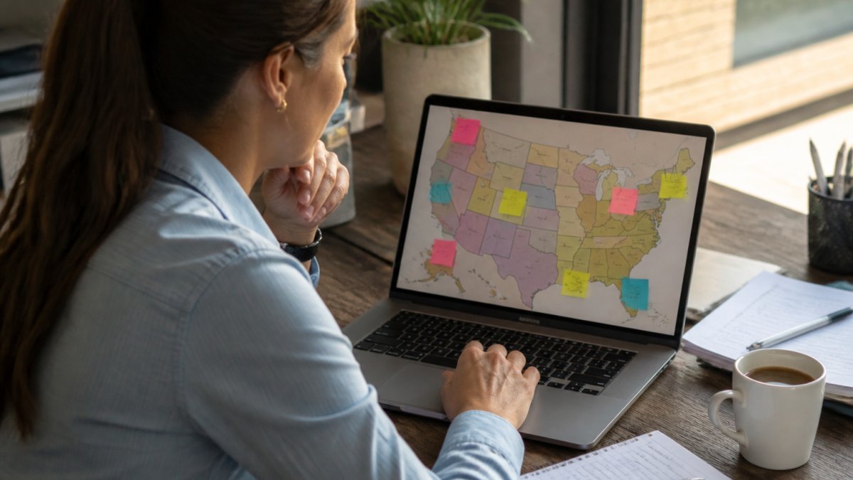 A payroll manager at a desk reviewing a map of the United States on a laptop screen with sticky notes marking different states, a notebook and coffee cup nearby in a bright office