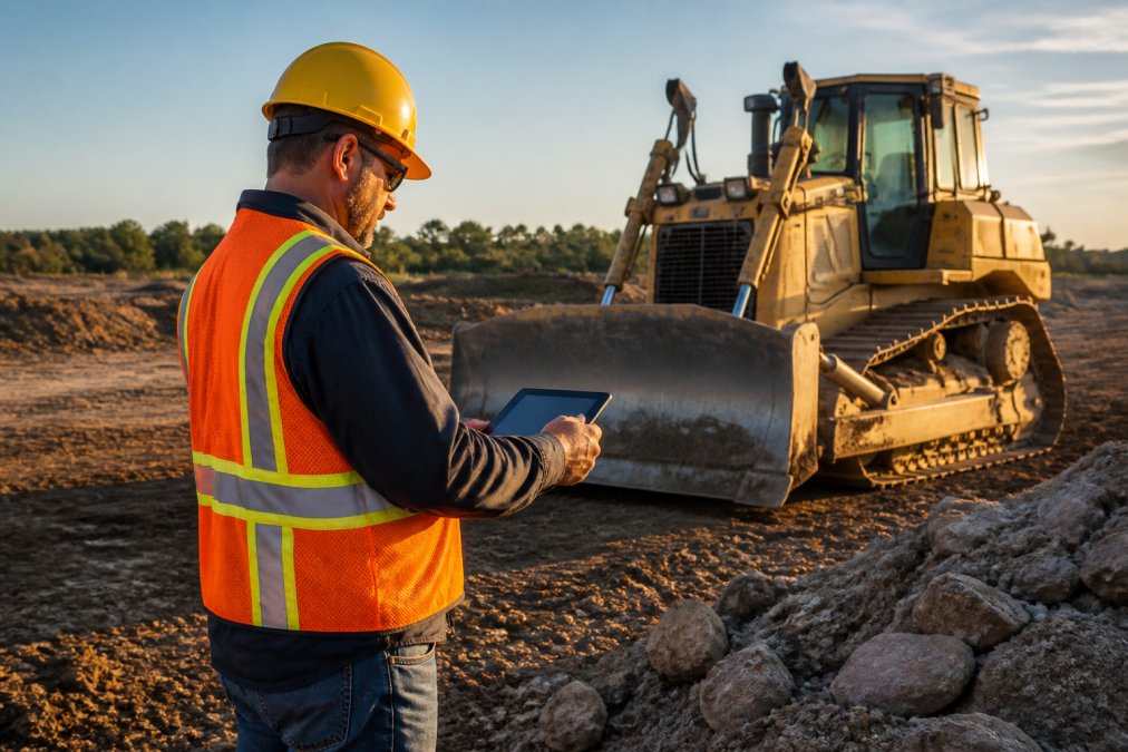 A fleet manager in a hard hat and safety vest reviewing equipment use data on a tablet beside a bulldozer on an active job site, late afternoon sunlight casting long shadows