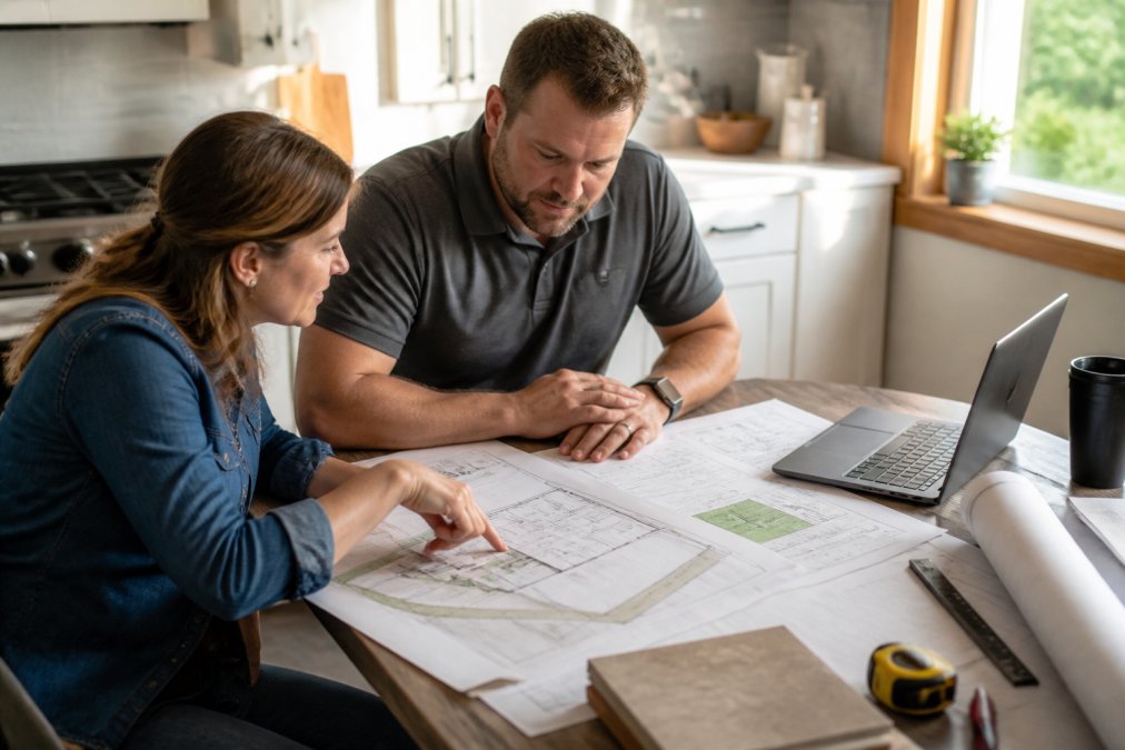 Homeowner and contractor reviewing construction permits and site plans on a kitchen table during the permit process.