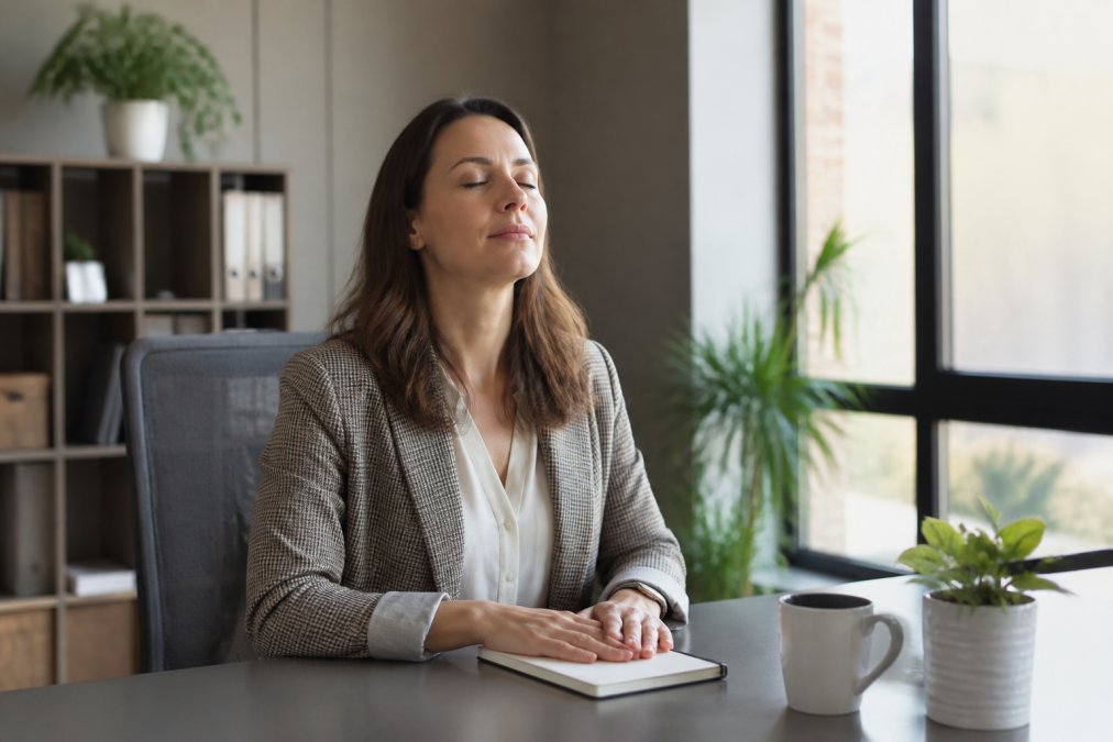Professional woman practicing deep breathing to manage conversational anxiety at her desk in a calm office.