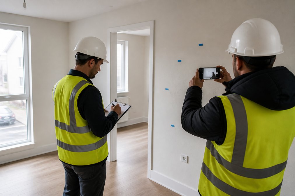 A site manager in a high-visibility vest and hard hat walking through a newly completed empty flat, holding a clipboard and marking a snagging list while a colleague takes photographs of a marked wall on a smartphone