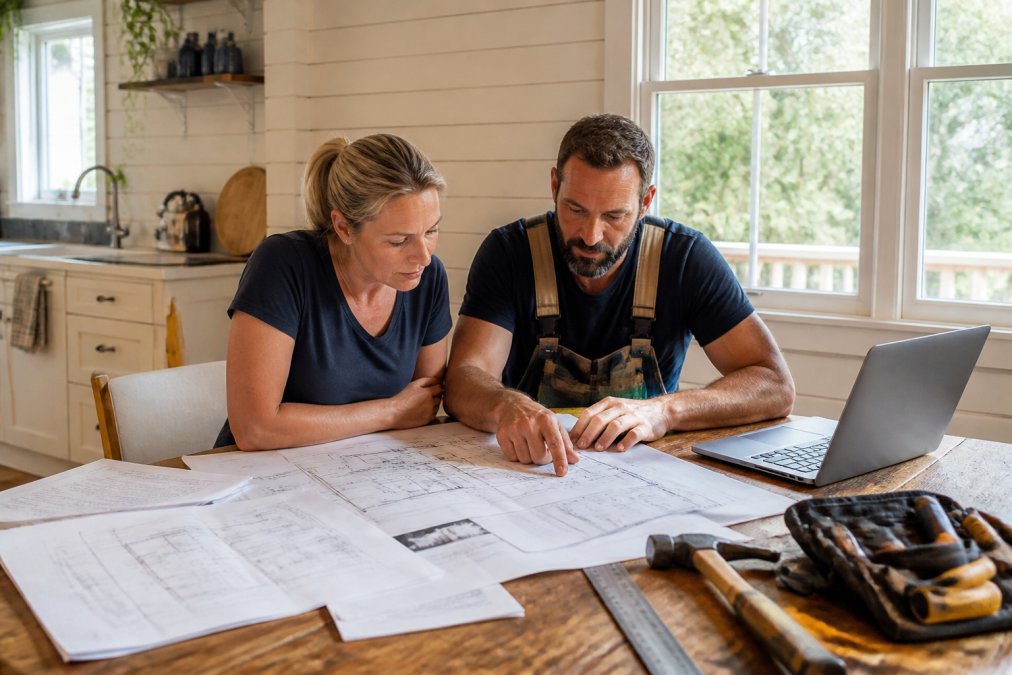 A homeowner and a carpenter reviewing architectural drawings and council paperwork spread across a kitchen table in a period weatherboard home, laptop open to an online planning portal, afternoon light through the window