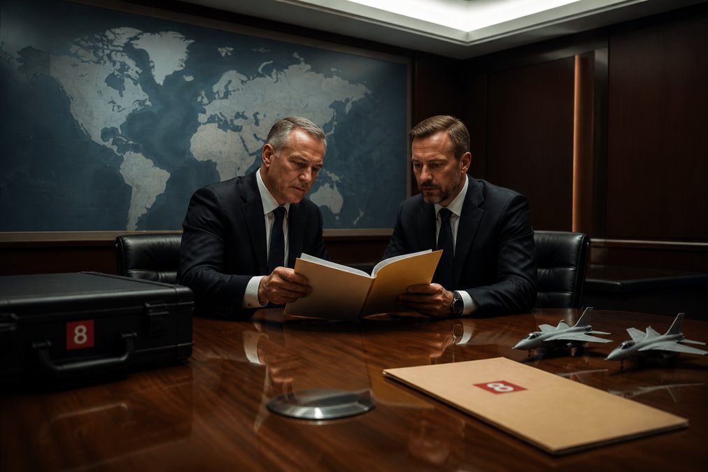 Two senior executives in formal business attire reviewing a classified contract document in a high-security boardroom, a world map visible on the wall behind them, lit by cool overhead conference lighting