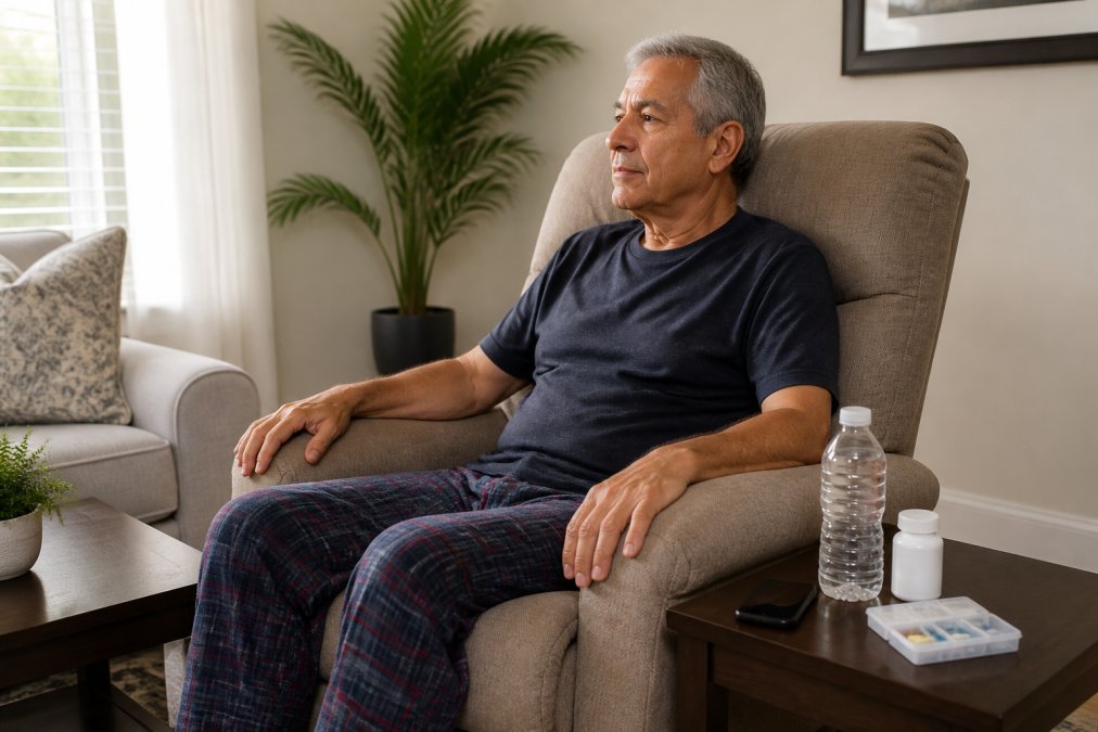 A person in their 60s sitting comfortably in a recliner in a bright living room, with a small side table holding a water bottle, medications, and a phone within easy reach, showing a practical recovery setup at home