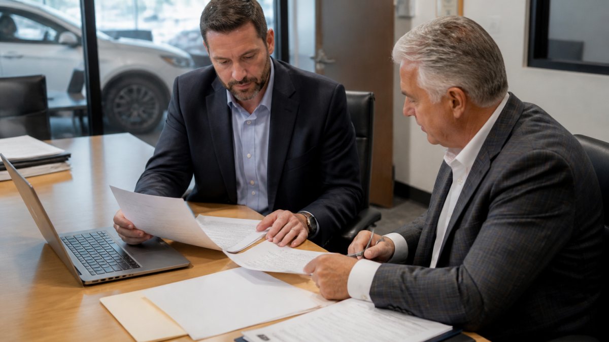 A dealership general manager and finance director reviewing vendor performance reports and invoices at a conference table in a dealership office, with a laptop open showing spreadsheets and printed contracts nearby