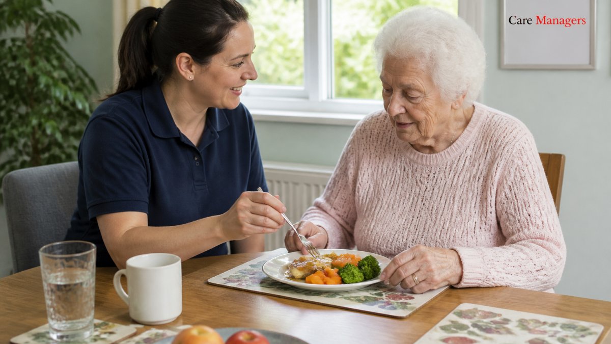 Professional care worker assisting an older adult with a meal at a dining table in natural daylight, showing attentive and respectful support during mealtime