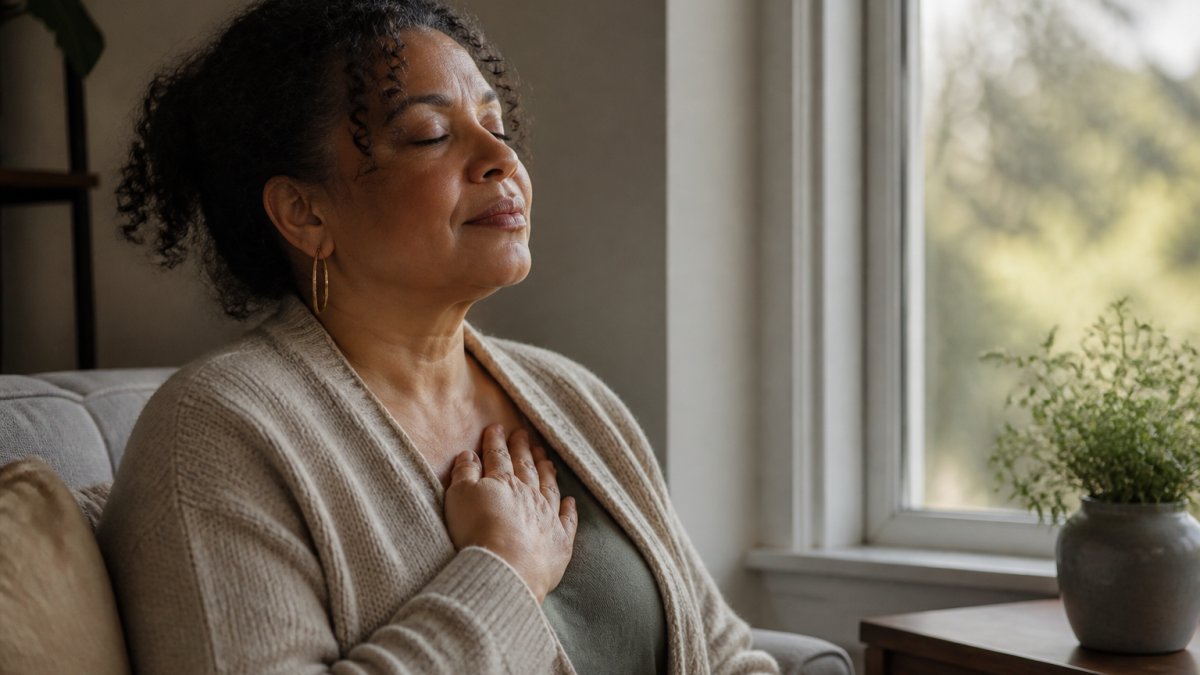 A caregiver taking a peaceful break by a window to manage caregiver emotional exhaustion through deep breathing.