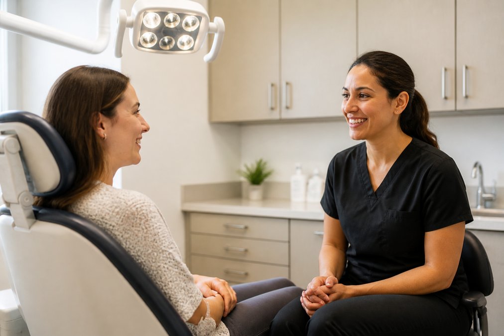 A patient sitting calmly in a dental chair having a relaxed conversation with a friendly dentist in a bright, modern dental office, warm overhead lighting, both appearing at ease