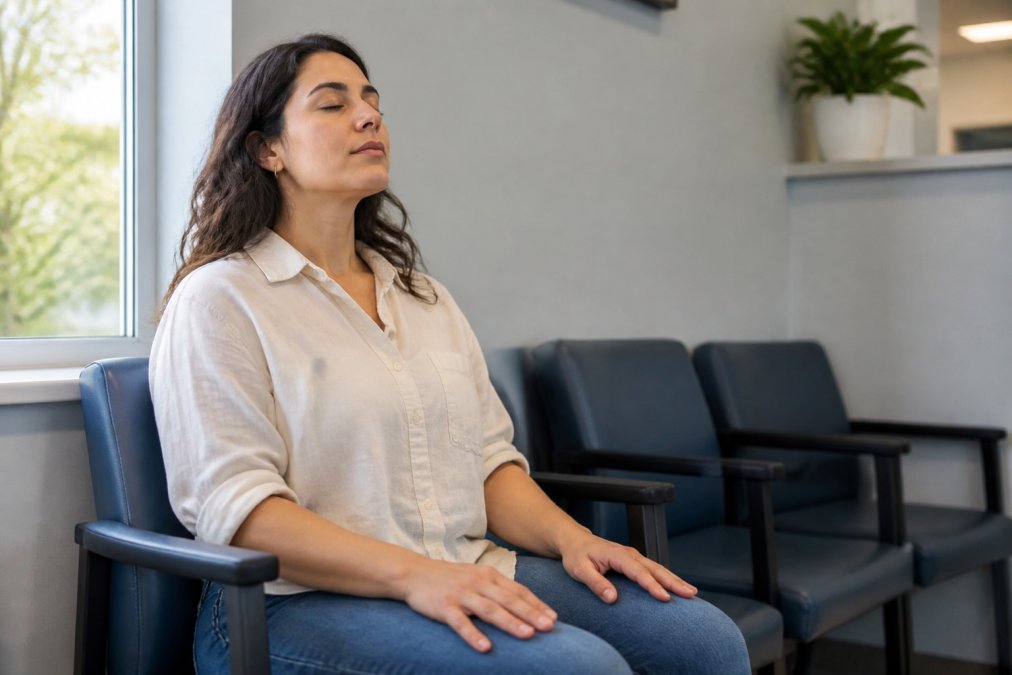 An adult sitting in a bright dental waiting room with eyes closed, hands resting gently on knees, practicing a calm breathing exercise, soft natural light from a nearby window
