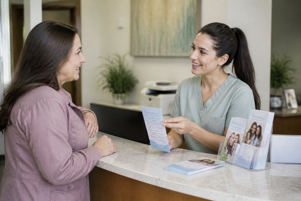 A friendly dental office receptionist explaining payment options to a patient at the front desk, with brochures and a computer visible in a bright, welcoming clinic