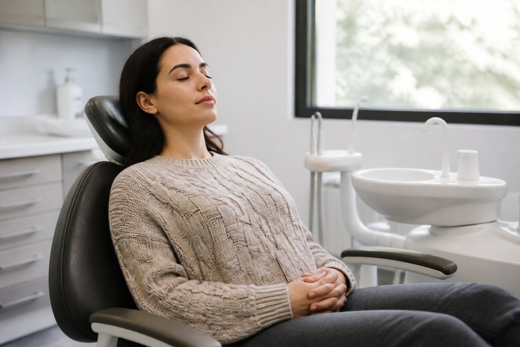A calm person sitting upright in a comfortable dental chair with eyes closed, practising slow breathing, soft natural light from a window, hands resting loosely on their lap