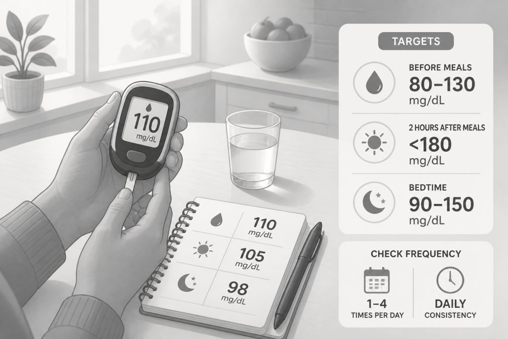 Person's hands holding a blood glucose meter while sitting at a kitchen table with a notebook and glass of water, warm natural light from nearby window