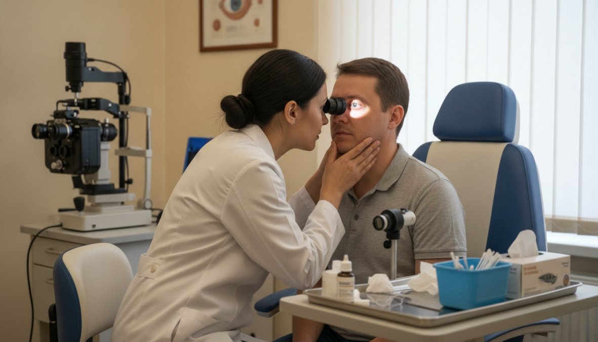 Patient seated in an ophthalmology examination chair while a doctor performs a dilated eye exam using a slit lamp, with specialized retinal imaging equipment visible in the background