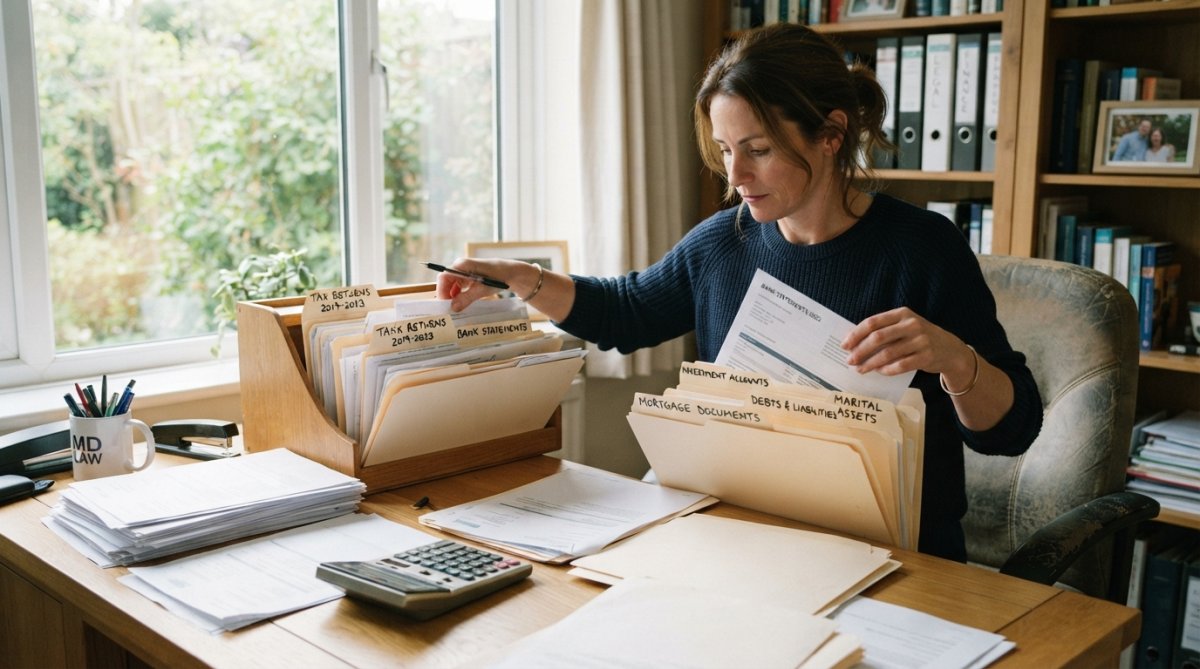 A person sitting at a home desk sorting printed financial statements and tax returns into clearly labeled folders, with a calculator and pen nearby, natural daylight coming through a window