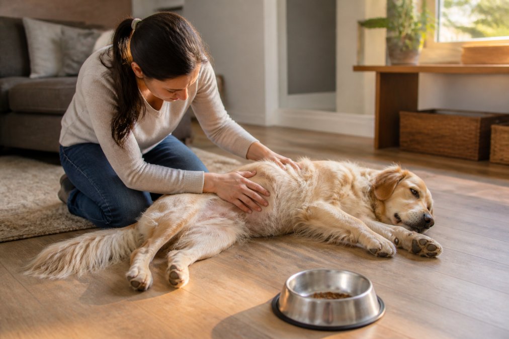 Concerned owner kneeling on a living room floor while gently checking a golden retriever's belly near a food bowl.