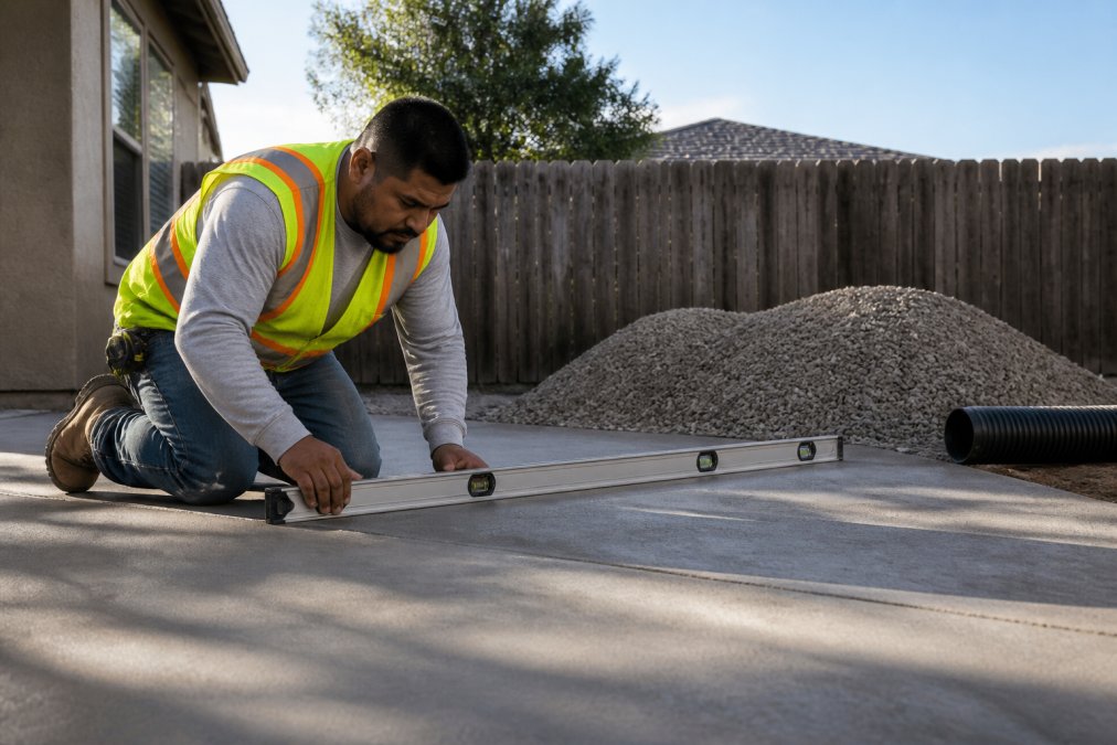 A contractor in work boots and a safety vest using a long bubble level on a freshly laid concrete patio surface, checking the slope angle, with a pile of crushed gravel and drainage pipe visible in the background on a sunny afternoon