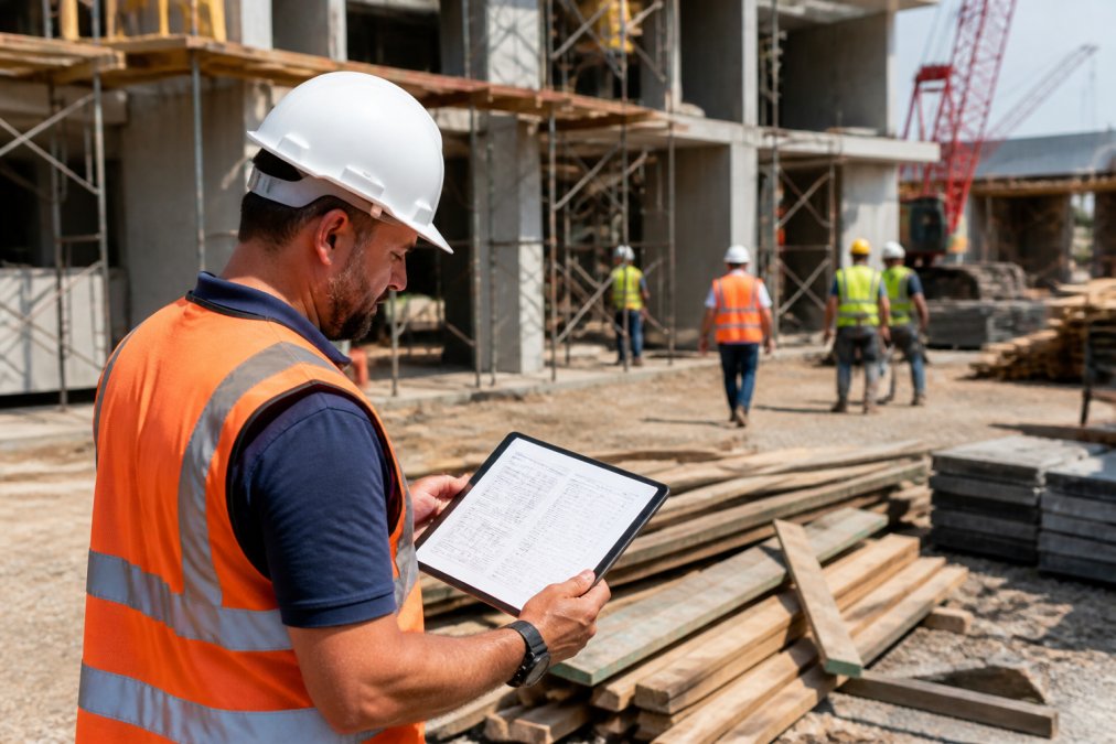 Construction site manager reviewing project plans and inspection checklist on a tablet, with active construction work visible in the background and workers in hard hats visible in the distance
