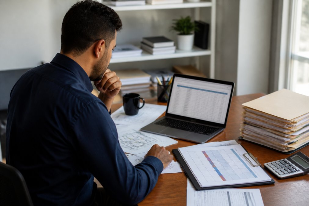 Real estate investor at desk with multiple project files, construction calendars, and laptop displaying project timeline and payment schedule spreadsheet with natural office lighting